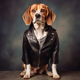 90s yearbook photo of beagle in a leather jacket, full body, vintage background.