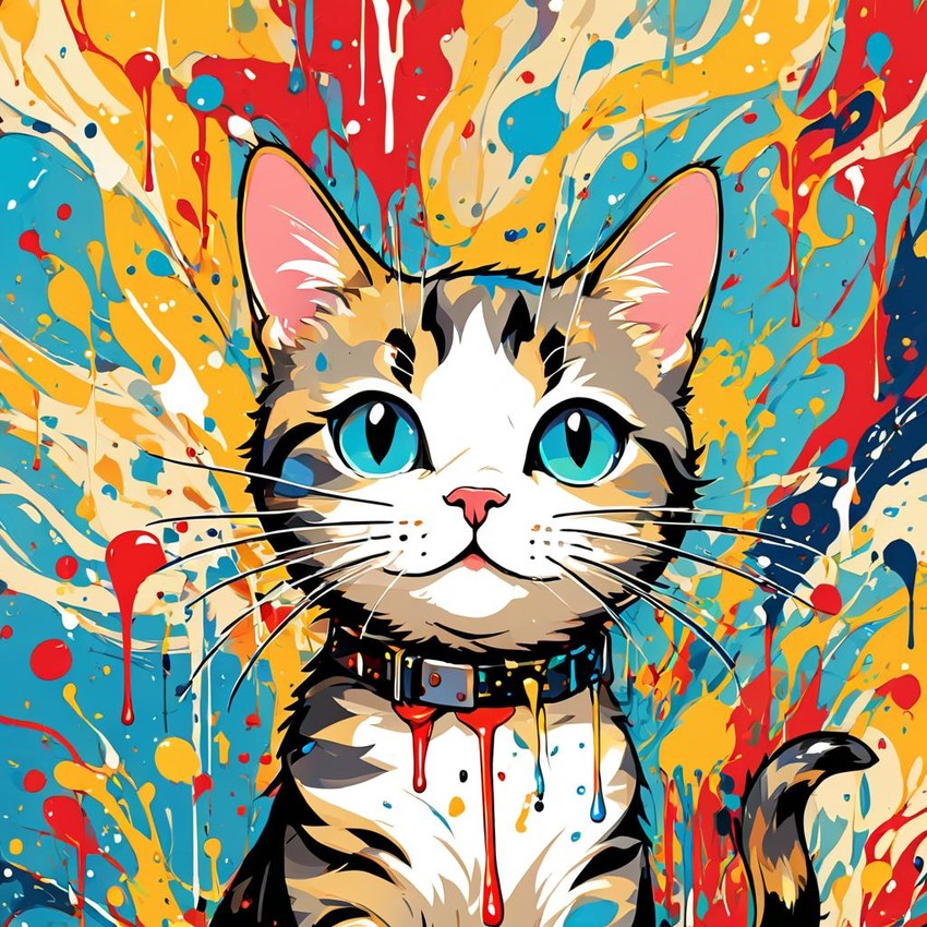 american shorthair cat in pollock's drip technique, capturing dynamic and colorful modern art.