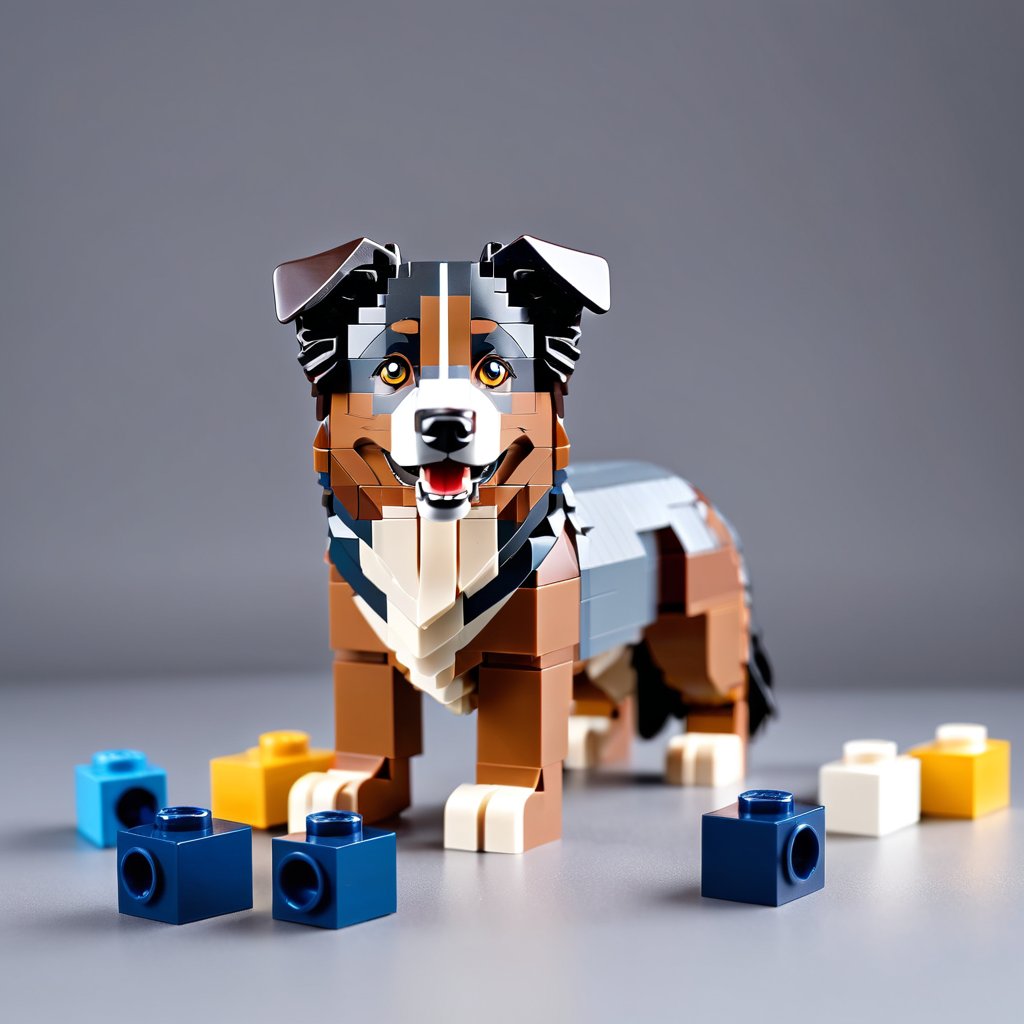 australian shepherd made of lego bricks in a professional studio photo, detailed and colorful lego environment.