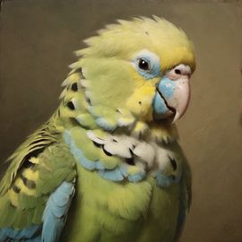 baroque oil painting of parakeet (budgerigar) bird with soft lighting in diego velazquez style, elegant and sophisticated.