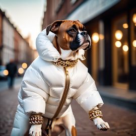 boxer in a large white puffer coat with golden hip hop chains, set in a posh urban environment.