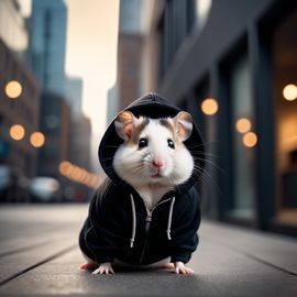 chinese hamster in a black hoodie, set against a modern urban backdrop, emphasizing a stylish and trendy look.