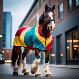 clydesdale horse in a colorful hoodie, set in a modern urban environment with a stylish and trendy vibe.