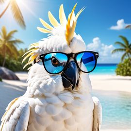 cockatoo bird on a beautiful beach with white sand and blue sea, wearing sunglasses.