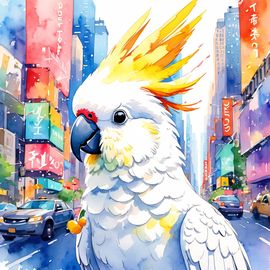 cockatoo bird in new york, rendered in a vibrant watercolor illustration, with a highly detailed and happy depiction.