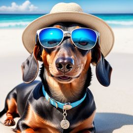 dachshund on a beach with white sand and blue sea, wearing sunglasses and summer hat.