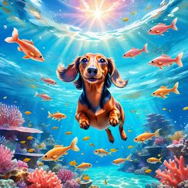 dachshund swimming in a magical blue ocean with colorful fish and coral reef, capturing a dreamy and adventurous underwater scene.