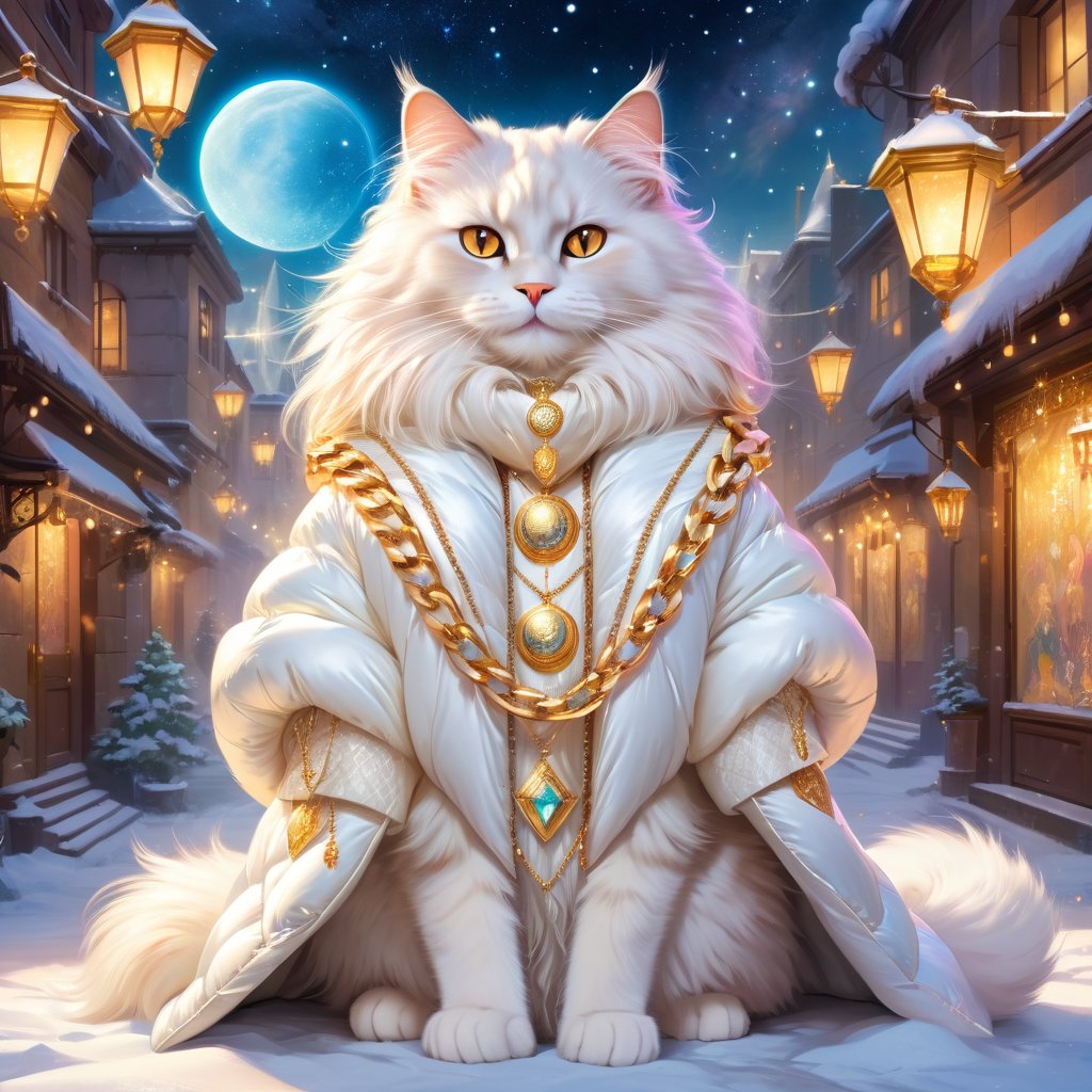 domestic longhair cat in a white puffer coat with golden hip hop chains, in a posh urban environment, looking cute and happy.