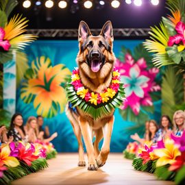 german shepherd strutting down the fashion show catwalk stage in a vibrant hawaiian shirt and a floral lei, high energy and joyful.