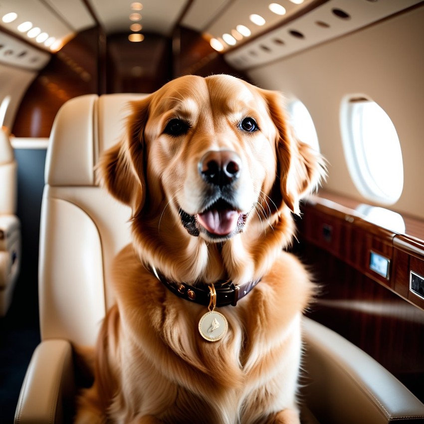 golden retriever in a gulfstream private jet, dressed in elegant clothing, capturing a posh and happy moment.
