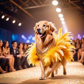 golden retriever strutting down the fashion show catwalk stage in a sparkling sequined dress with a feathered boa, high energy and dramatic.