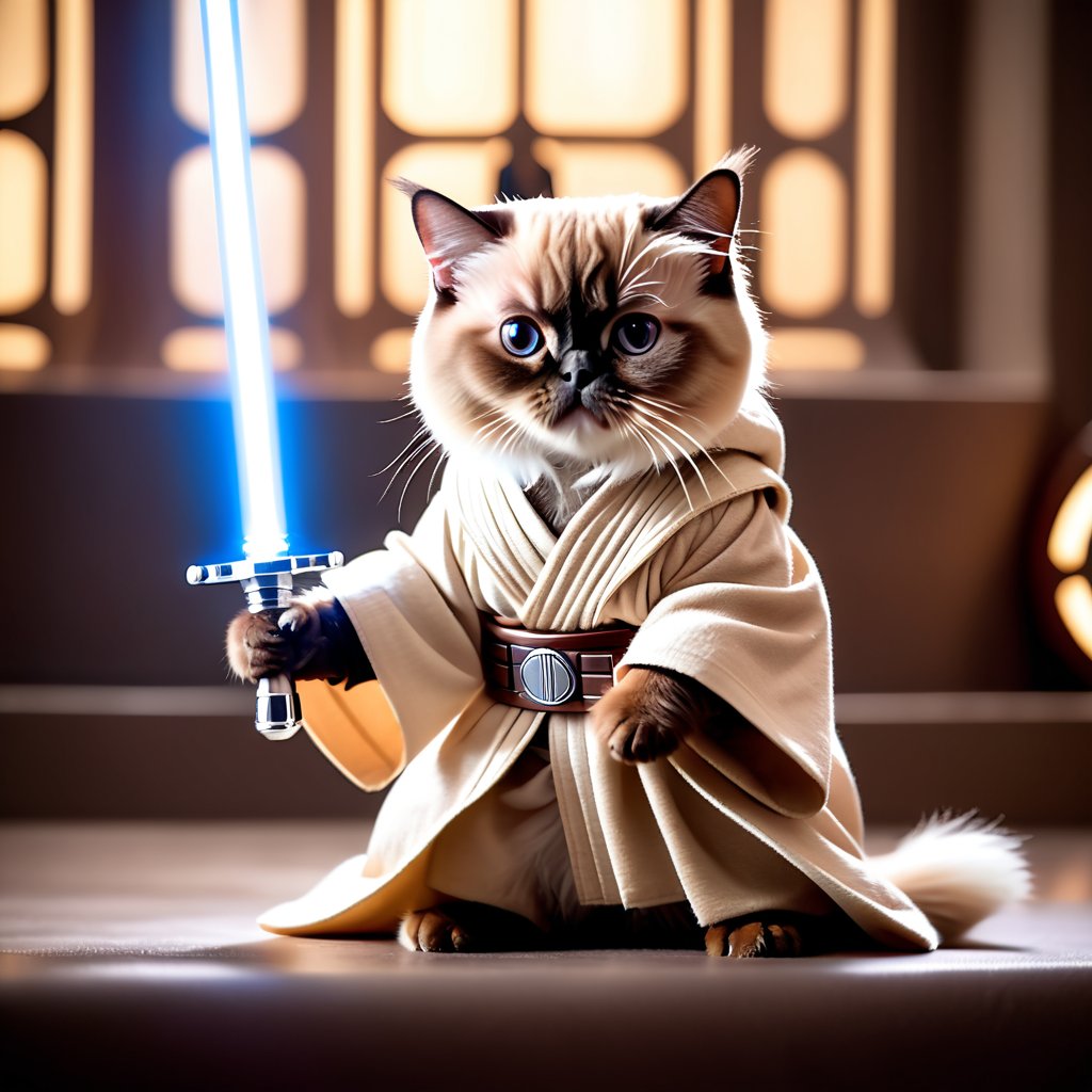 himalayan cat as a jedi knight, featuring a lightsaber and a star wars environment in a high-detail, epic style.