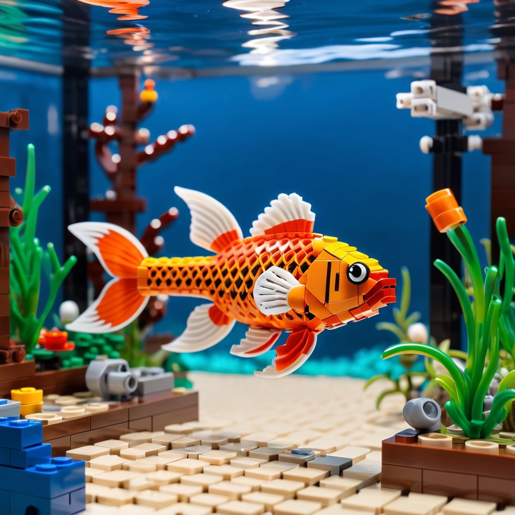 molly fish made of lego bricks in a professional studio photo, detailed and colorful lego environment.