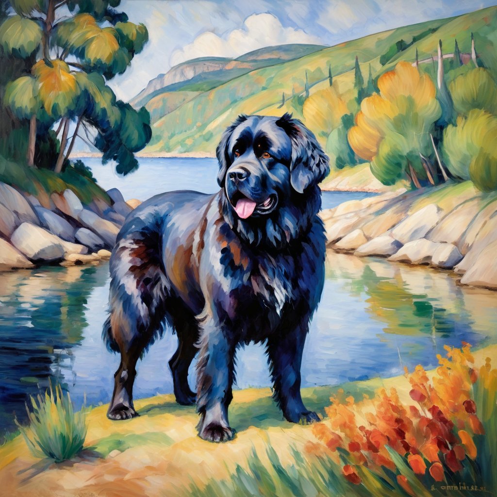 newfoundland in the style of cezanne, highlighting classic brush strokes and an elegant, timeless look.