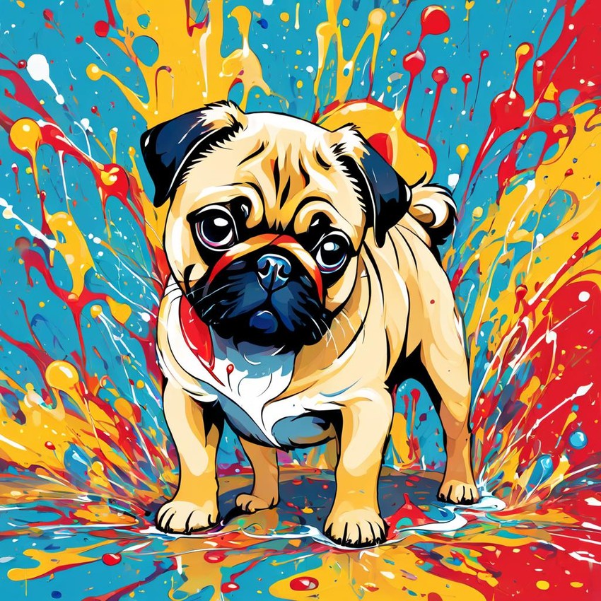 pug in pollock's drip technique, capturing dynamic and colorful modern art.
