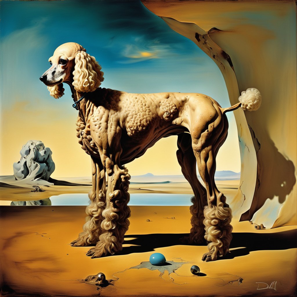 surreal painting of poodle inspired by salvador dali, in the style of 'the persistence of memory', highly detailed.