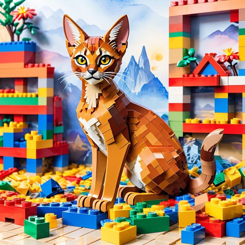 watercolor painting of abyssinian cat as lego bricks, vibrant and detailed in a playful lego environment.