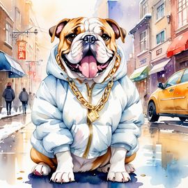 watercolor painting of bulldog in a white puffer coat with golden hip hop chains, set in a posh urban environment.