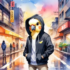 watercolor painting of cockatiel bird in a black hoodie, showcasing a vibrant urban environment with a cute and happy appearance.
