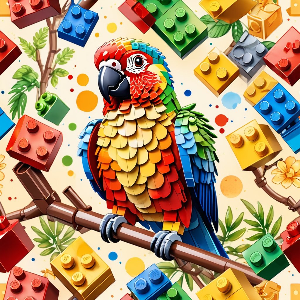 watercolor painting of conure bird as lego bricks, vibrant and detailed in a playful lego environment.
