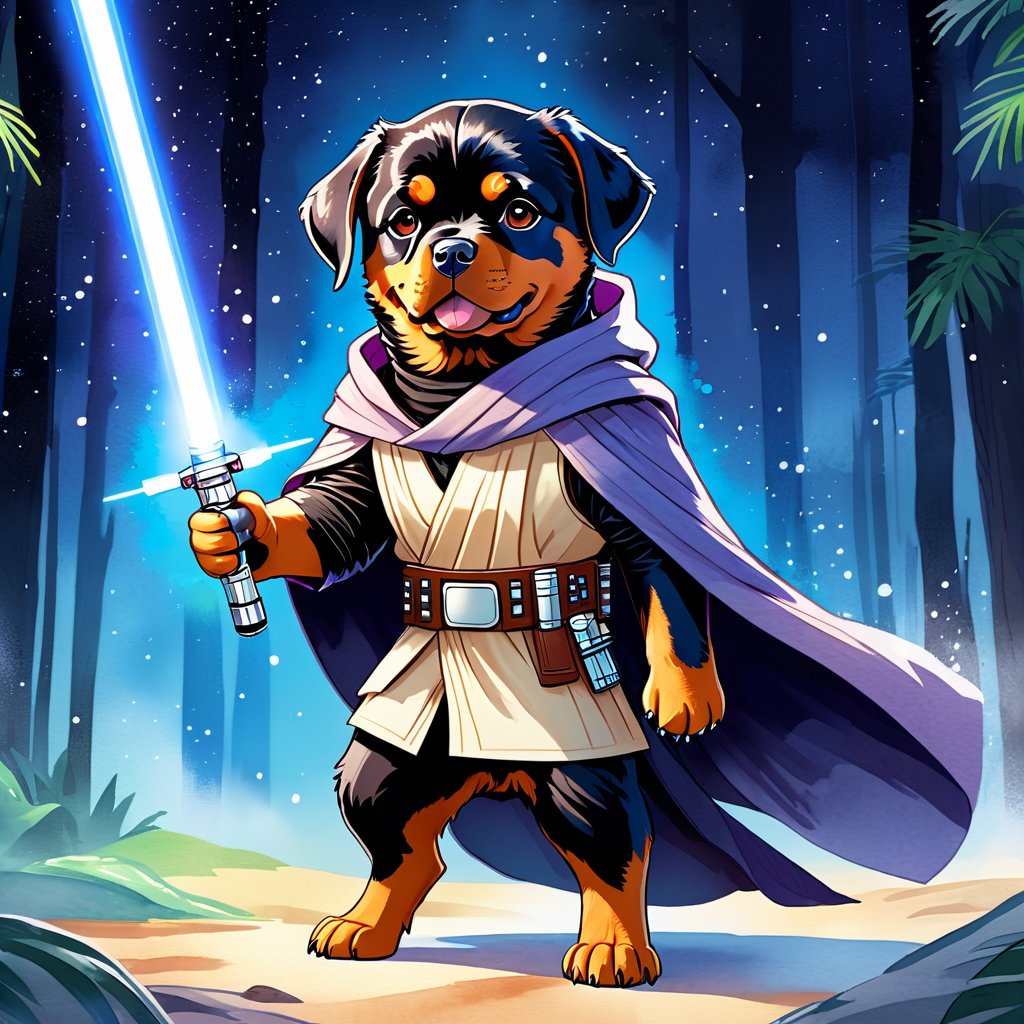watercolor painting of rottweiler as a jedi knight, holding a lightsaber with a star wars backdrop in a vibrant, detailed style.