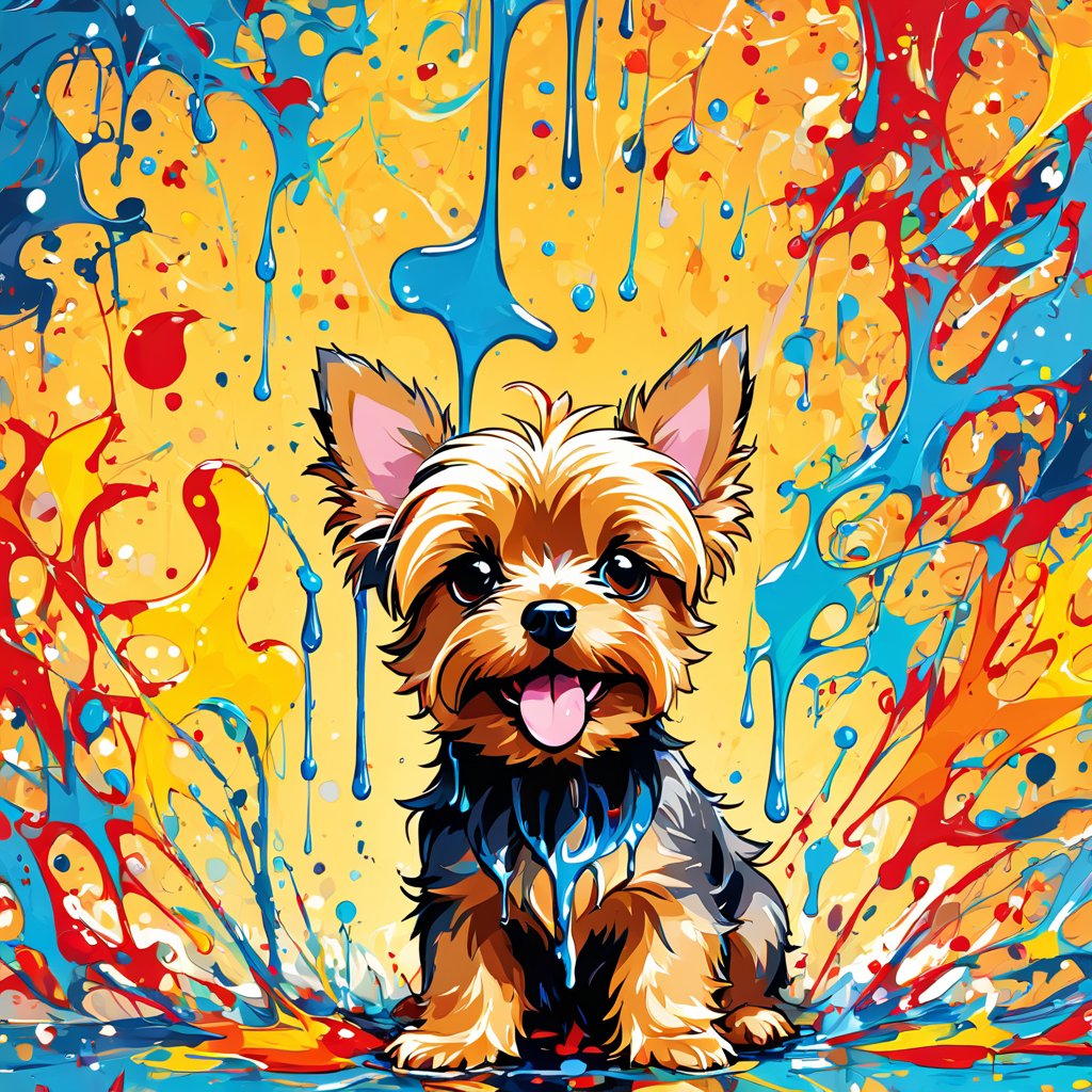 yorkshire terrier in pollock's drip technique, capturing dynamic and colorful modern art.